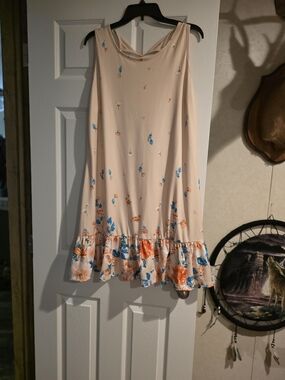 Girls Sleeveless Floral Ruffle Hem Dress - Cream with Blue & Orange